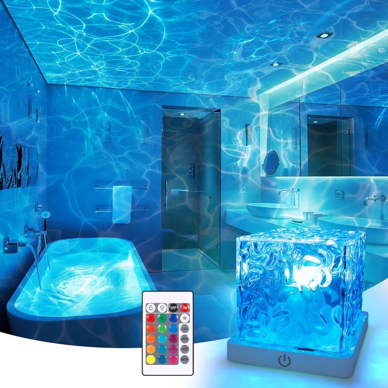 Bgmonster Rechargeable Shower Light No Wiring, 16 Color Changeable Ocean Wave Projector Light, Dimmable Waterproof Shower Lamp with Remote, Rotating Flame Water Ripple Lamp for Shower, Bathroom, Bedroom Decor - Image 1